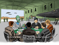 Aleins and world leaders at Area 51 cartoon