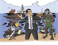 cartoon of oild spill, drenched  animals and oil exec